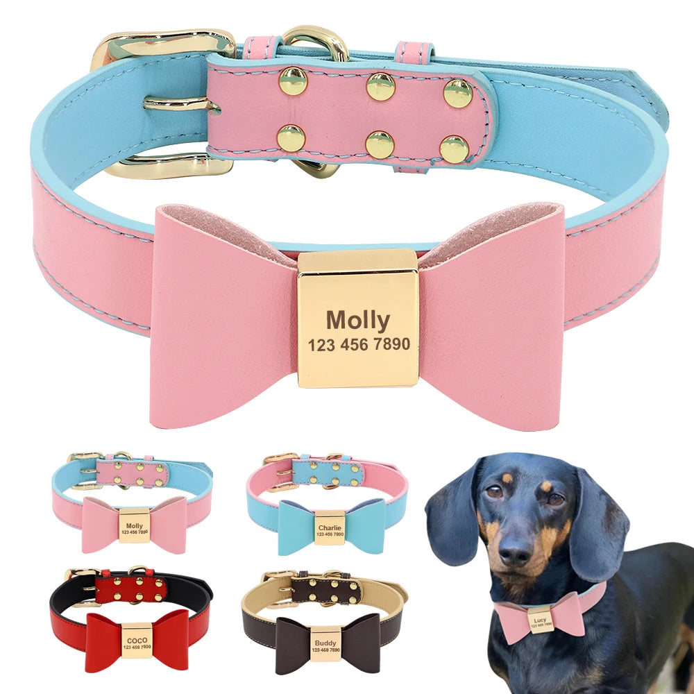 Personalized Leather Dog Collar with Bowknot – Free Engraving for Small & Medium Pets🎀