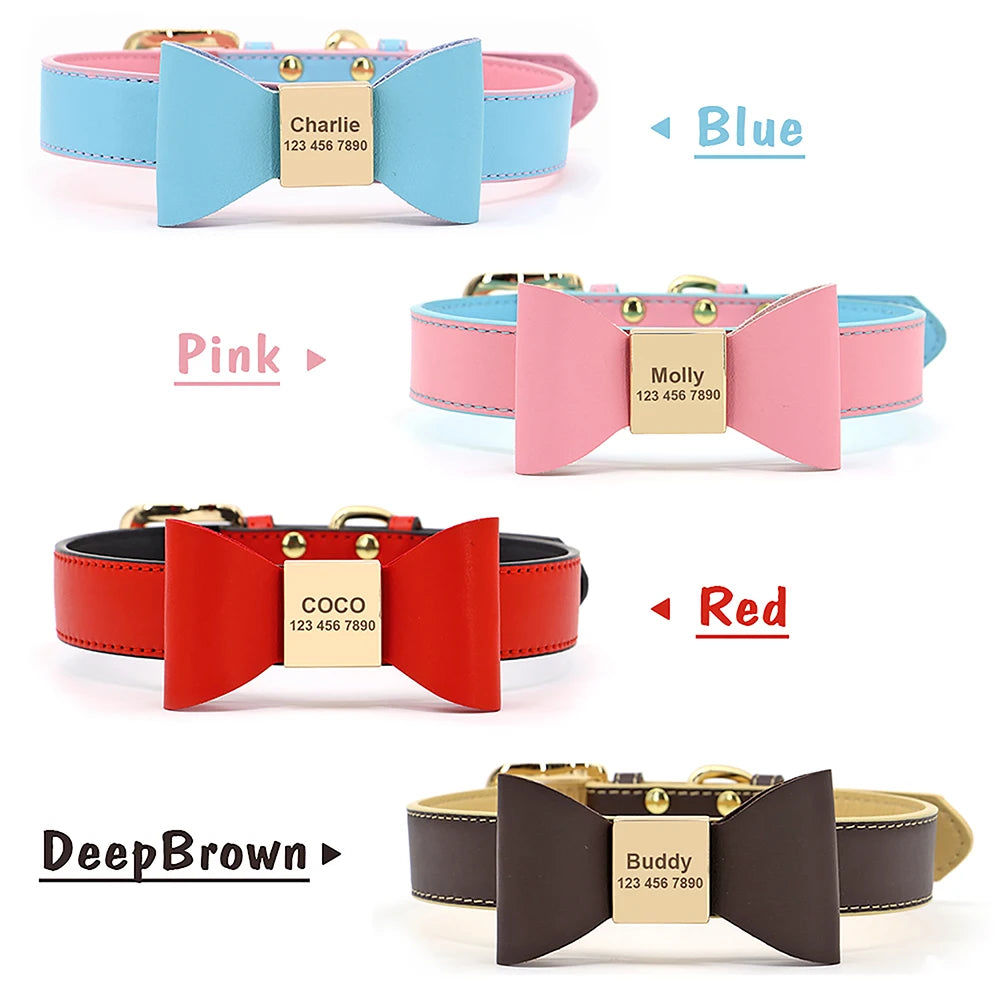 Personalized Leather Dog Collar with Bowknot – Free Engraving for Small & Medium Pets🎀