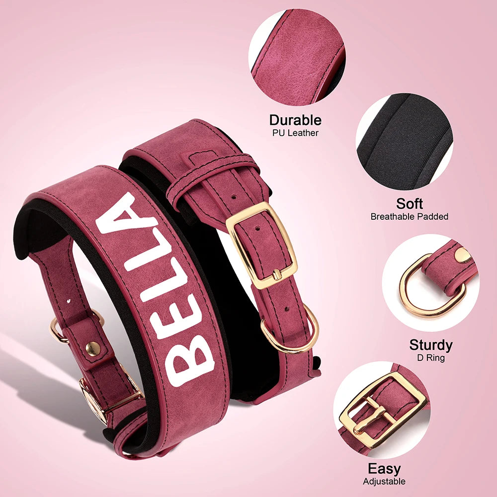 Personalized PU Leather Dog Collar – Wide Padded ID Name Collar🐾