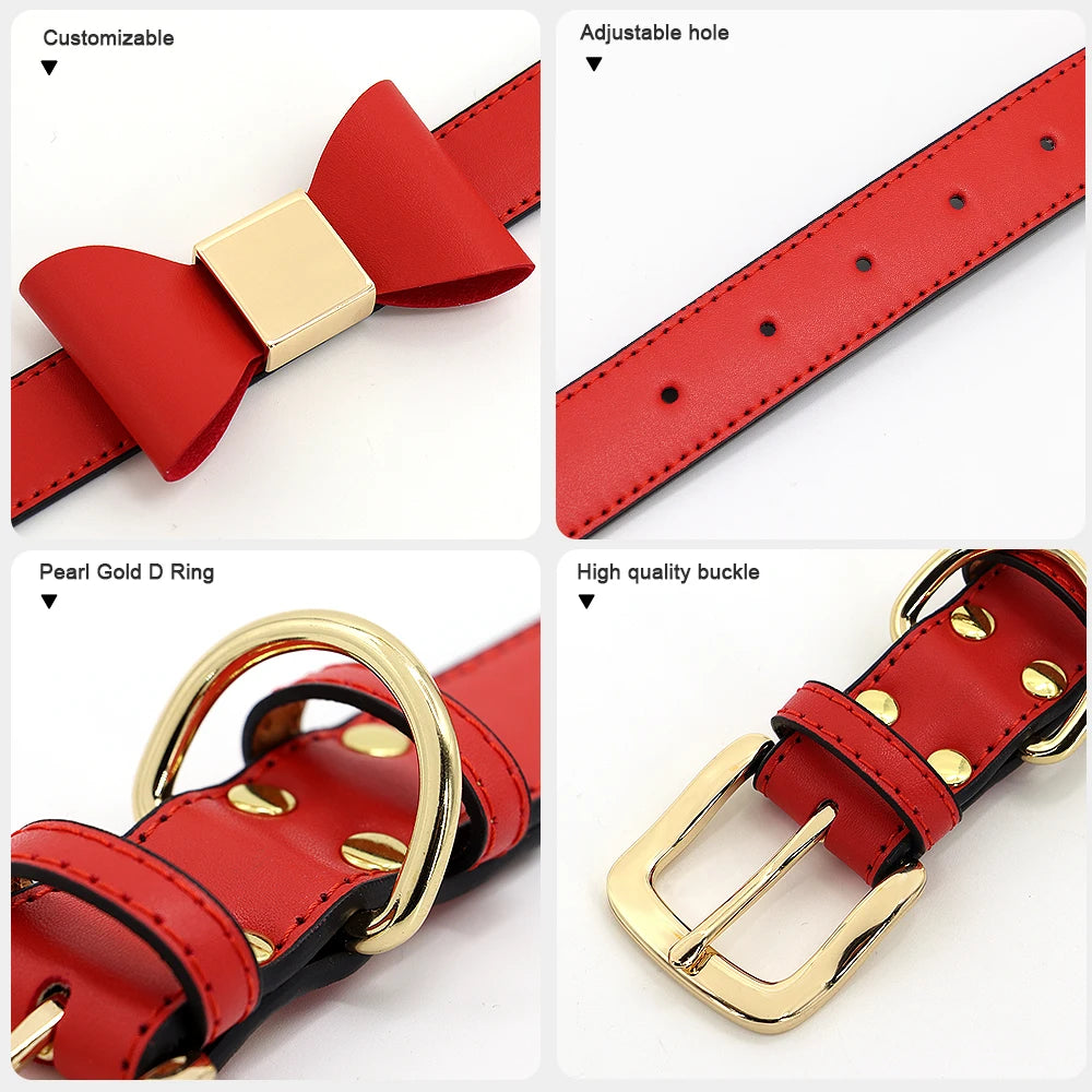 Personalized Leather Dog Collar with Bowknot – Free Engraving for Small & Medium Pets🎀