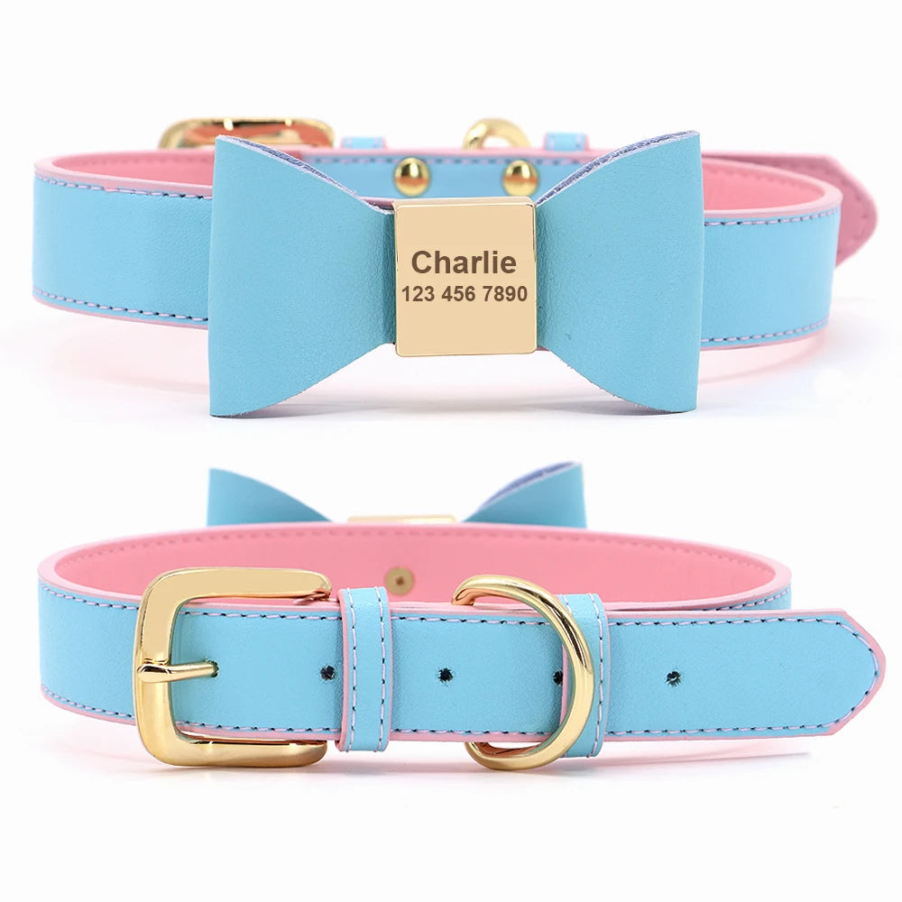 Personalized Leather Dog Collar with Bowknot – Free Engraving for Small & Medium Pets🎀