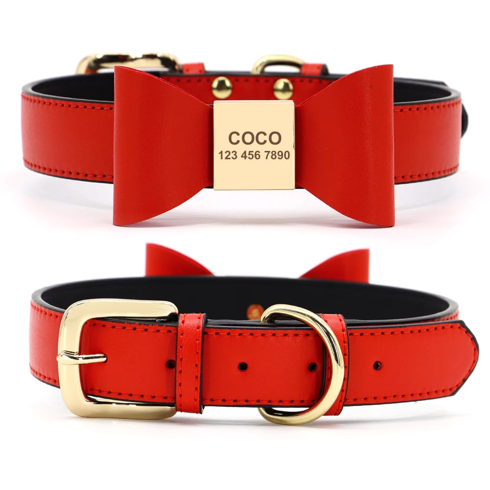 Personalized Leather Dog Collar with Bowknot – Free Engraving for Small & Medium Pets🎀