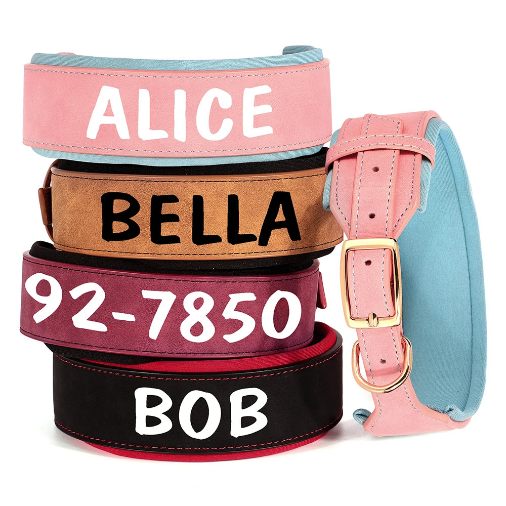 Personalized PU Leather Dog Collar – Wide Padded ID Name Collar🐾