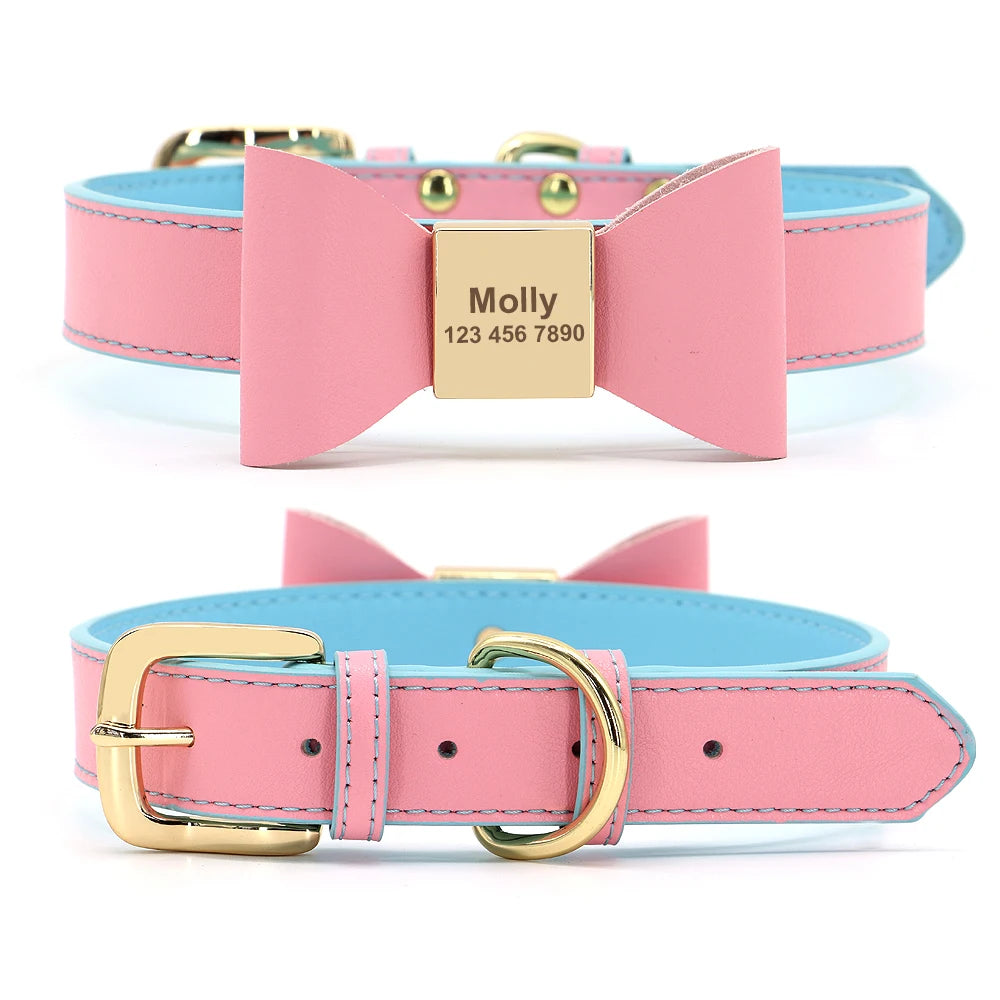 Personalized Leather Dog Collar with Bowknot – Free Engraving for Small & Medium Pets🎀