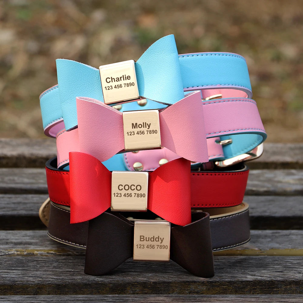 Personalized Leather Dog Collar with Bowknot – Free Engraving for Small & Medium Pets🎀