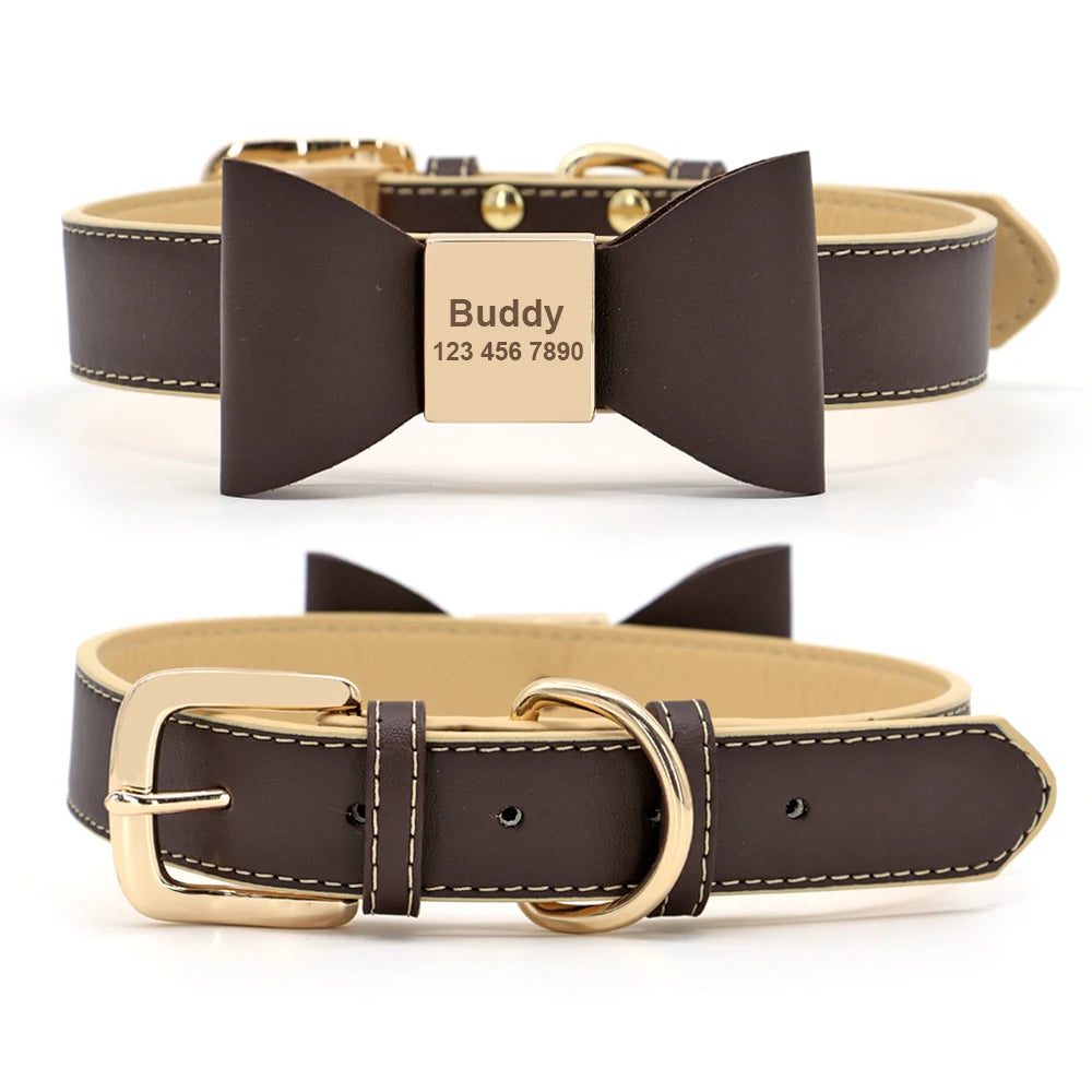 Personalized Leather Dog Collar with Bowknot – Free Engraving for Small & Medium Pets🎀