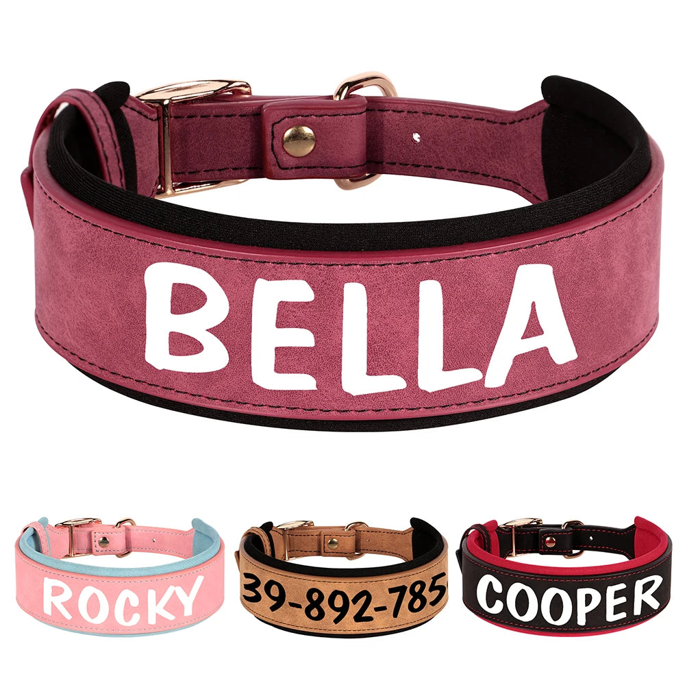 Personalized PU Leather Dog Collar – Wide Padded ID Name Collar🐾